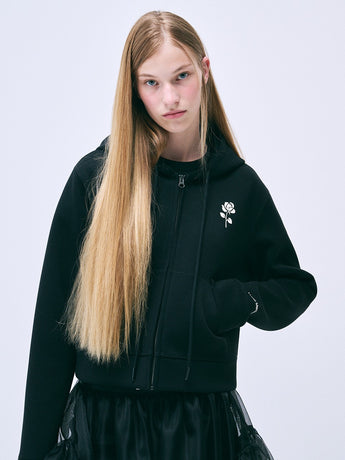 NEOPRENE CROPPED HOODY ZIP UP UNE ROSE_BLACK IVORY