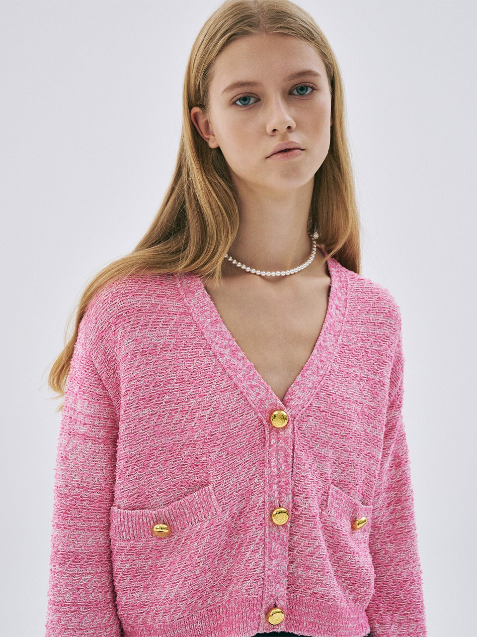 LINEN CROPPED CARDIGAN V NECK_PINK