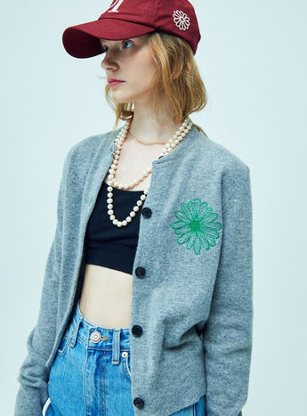 CASHMERE BLENDED CARDIGAN ROUND NECK_GREY GREEN