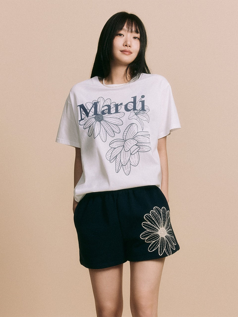 SWEAT SHORTS FLOWER_NAVY CREAM