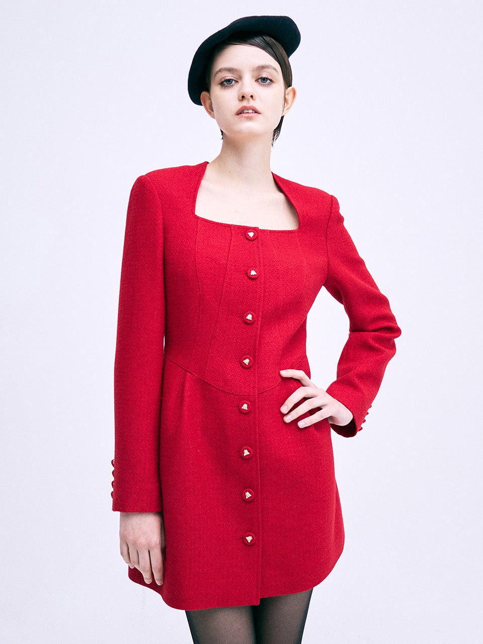 TWEED MINI DRESS SQUARE NECK_RED