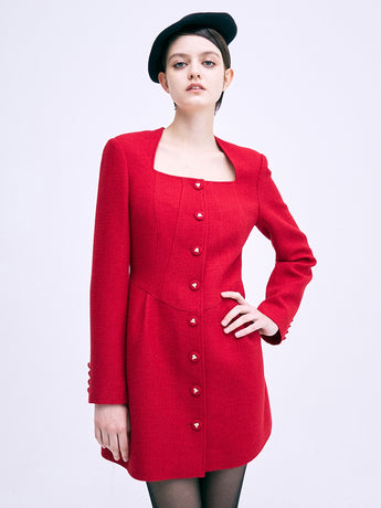 TWEED MINI DRESS SQUARE NECK_RED