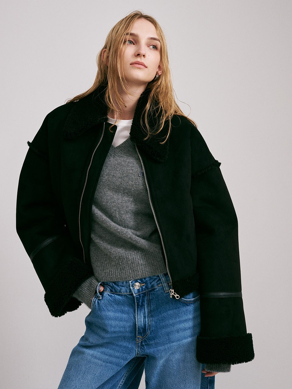 SHEARLING CROPPED MUSTANG JACKET_BLACK