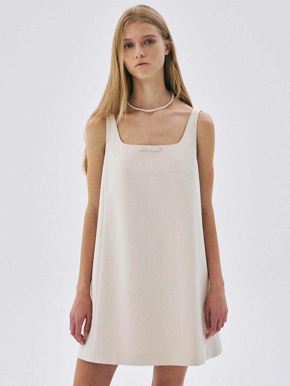 RIBBON FLARE MINI SLEEVELESS DRESS_CREAM
