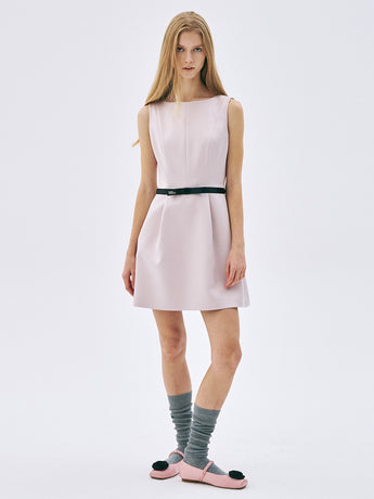 RIBBON BELT MINI SLEEVELESS DRESS_BEIGE
