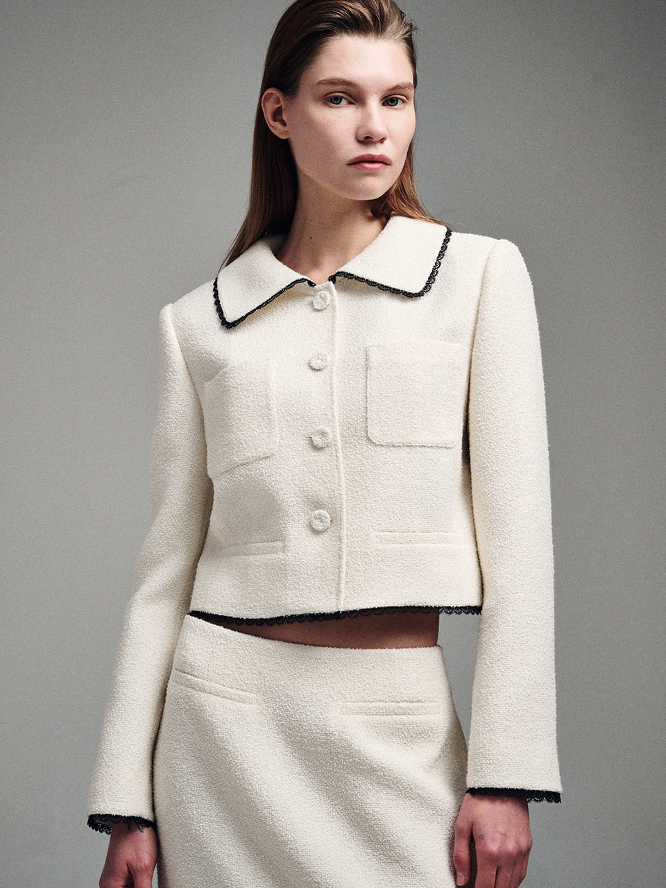 SPRING TWEED CROPPED JACKET LACE_IVORY