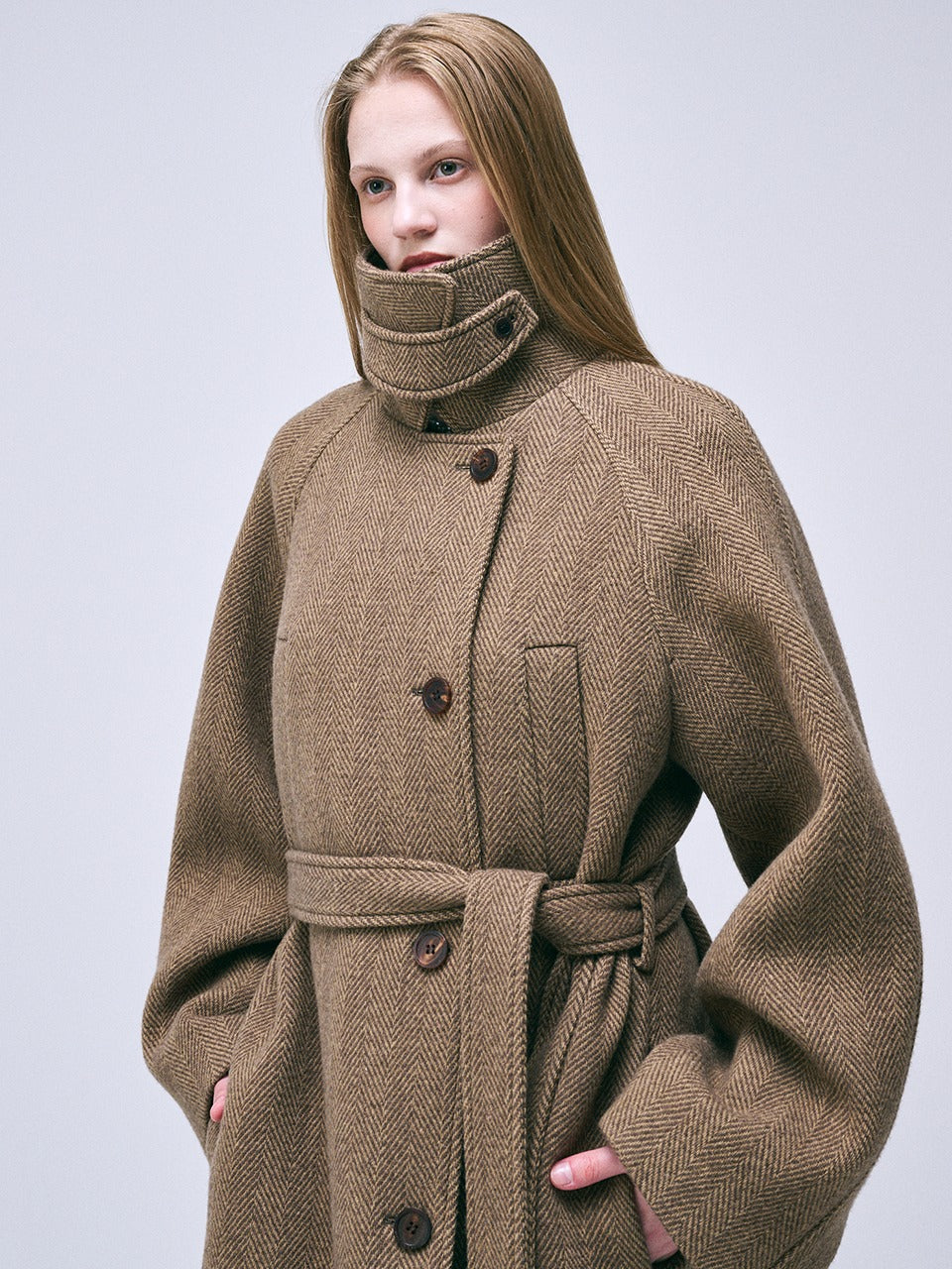 WOOL COAT RAGLAN HERRINGBONE_BROWN