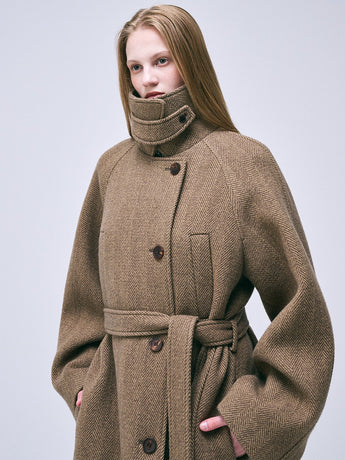 WOOL COAT RAGLAN HERRINGBONE_BROWN