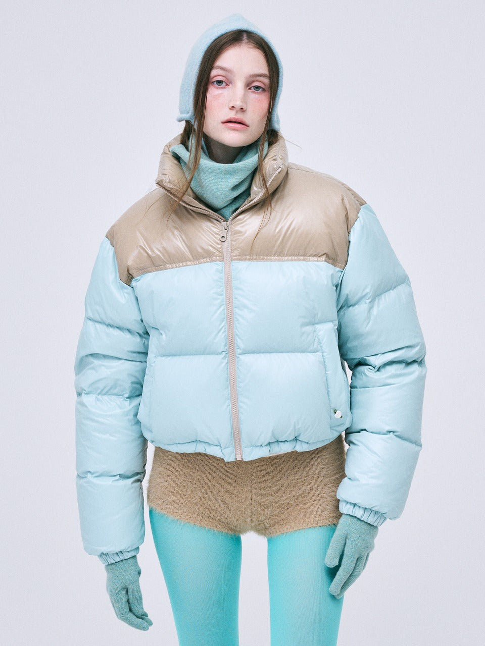CROPPED DOWN JACKET COLOR BLOCK_MINT