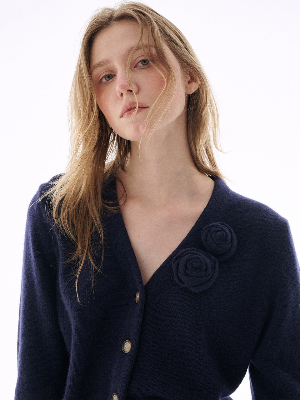 CASHMERE BLENDED CARDIGAN V NECK ROSE_NAVY
