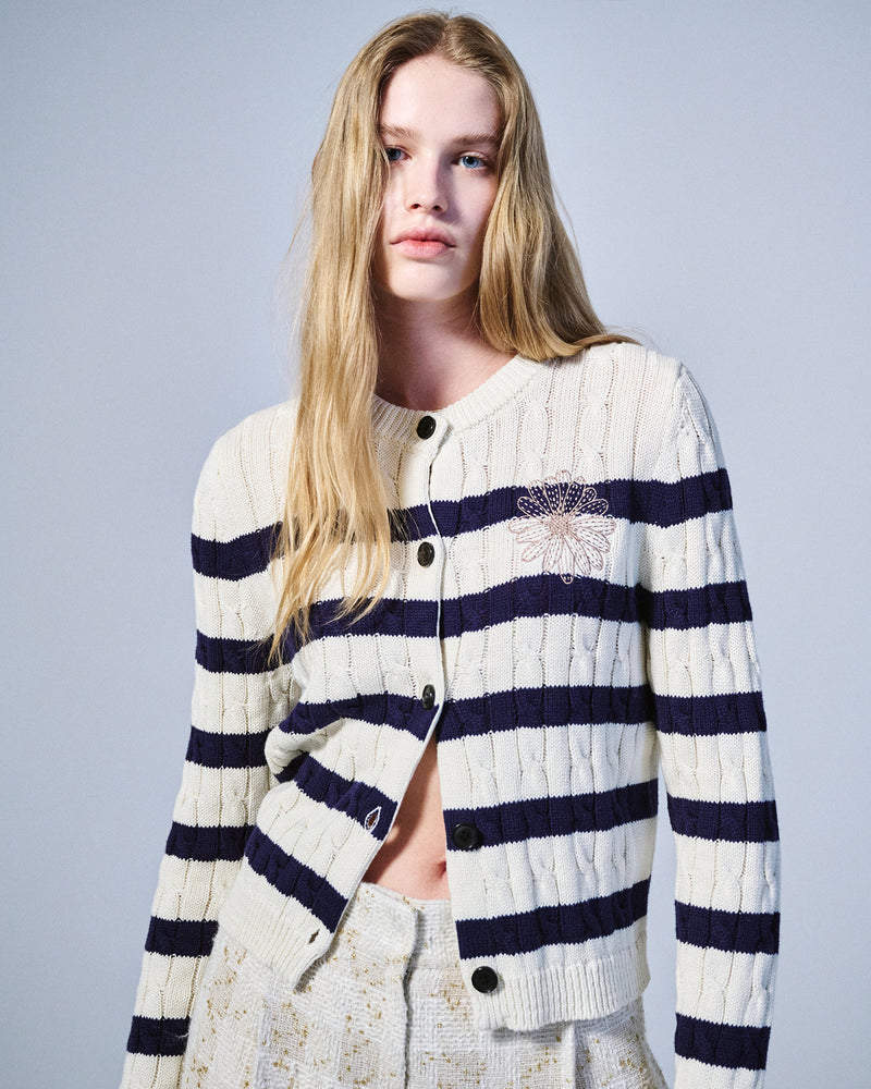 COTTON CARDIGAN ROUND NECK STRIPE (IVORY BEIGE)