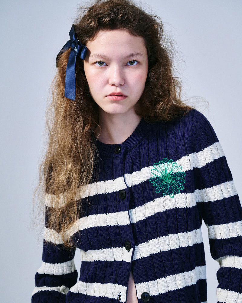 COTTON CARDIGAN ROUND NECK STRIPE (NAVY GREEN)