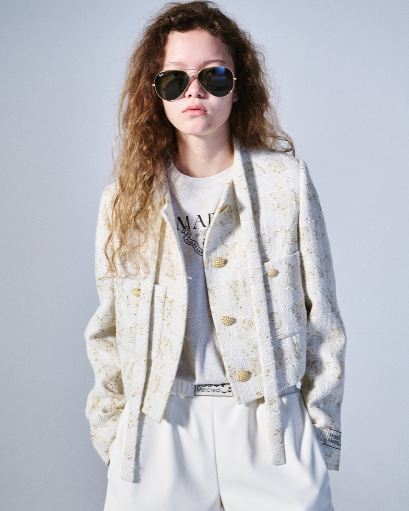 TWEED CROPPED JACKET TIE NECK (IVORY)