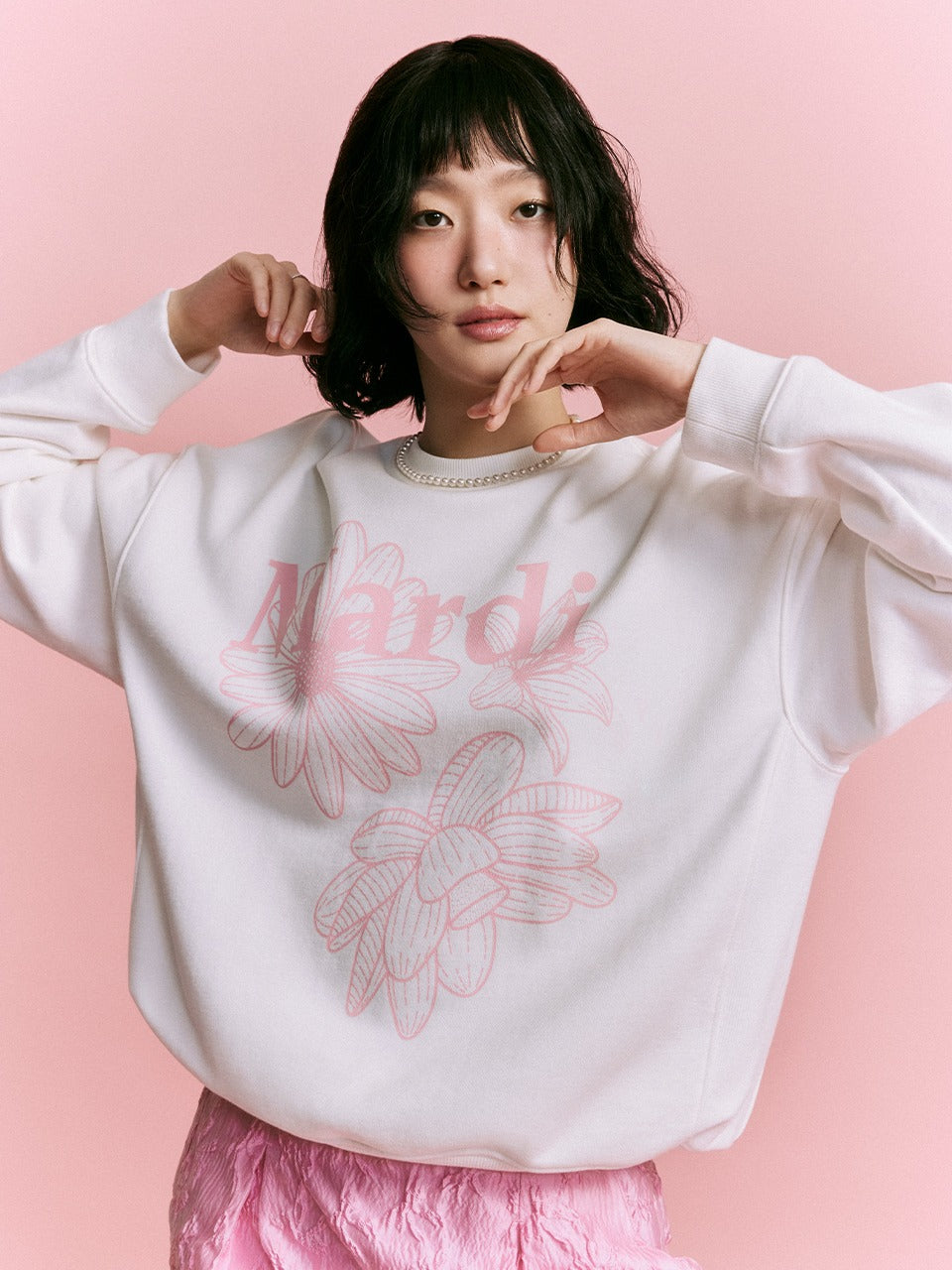 SWEATSHIRT TRIPLE FLOWER_WHITE PINK