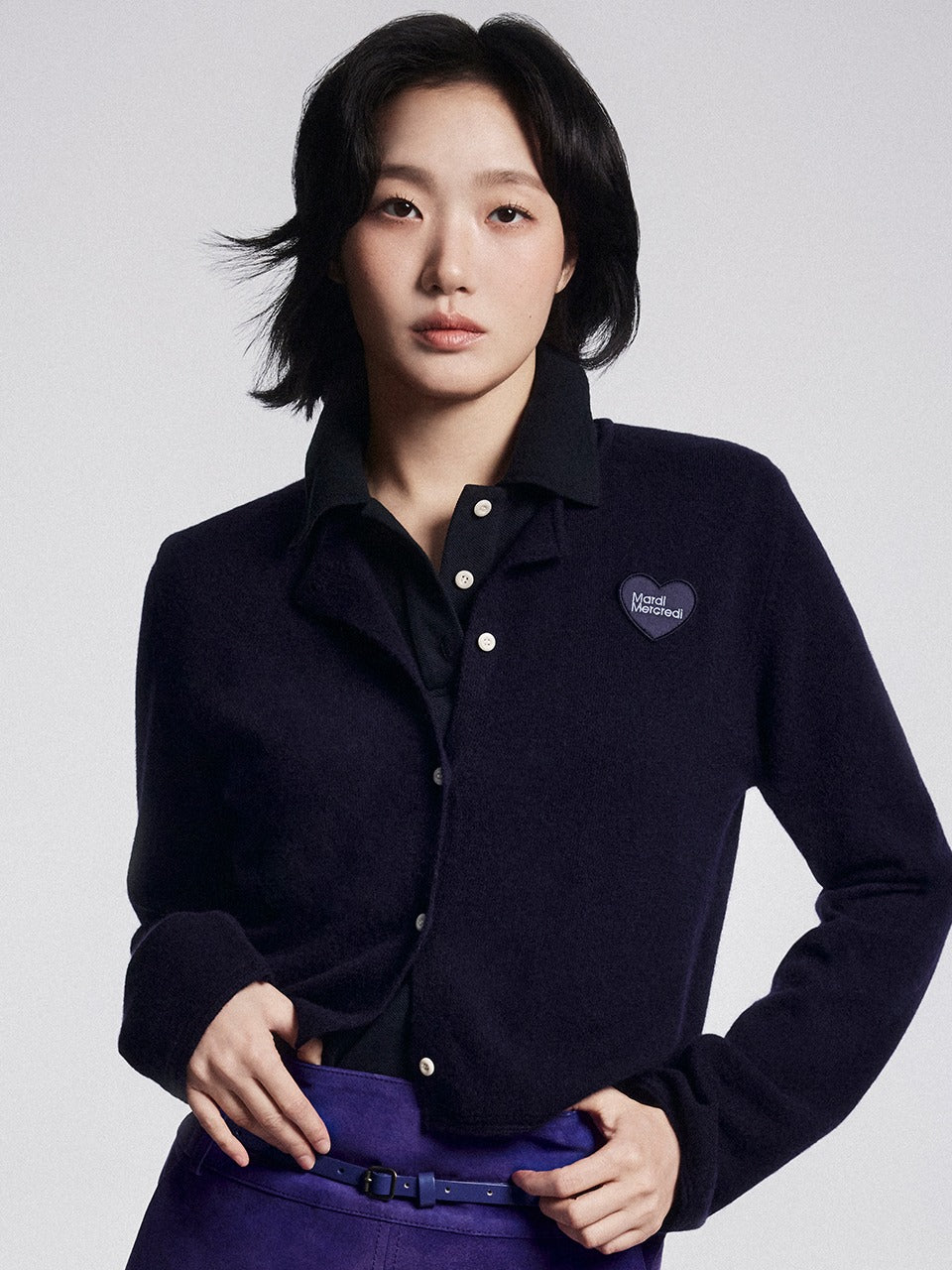 RACCOON BLENDED CROPPED CARDIGAN HEART LOGO_NAVY