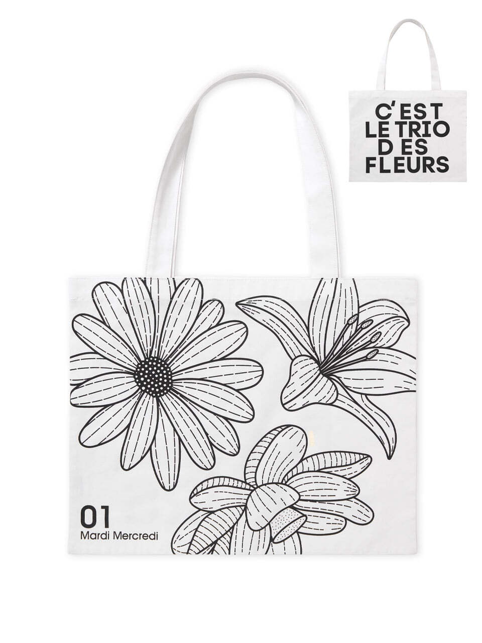 CANVAS BAG TRIPLE FLOWER_WHITE BLACK