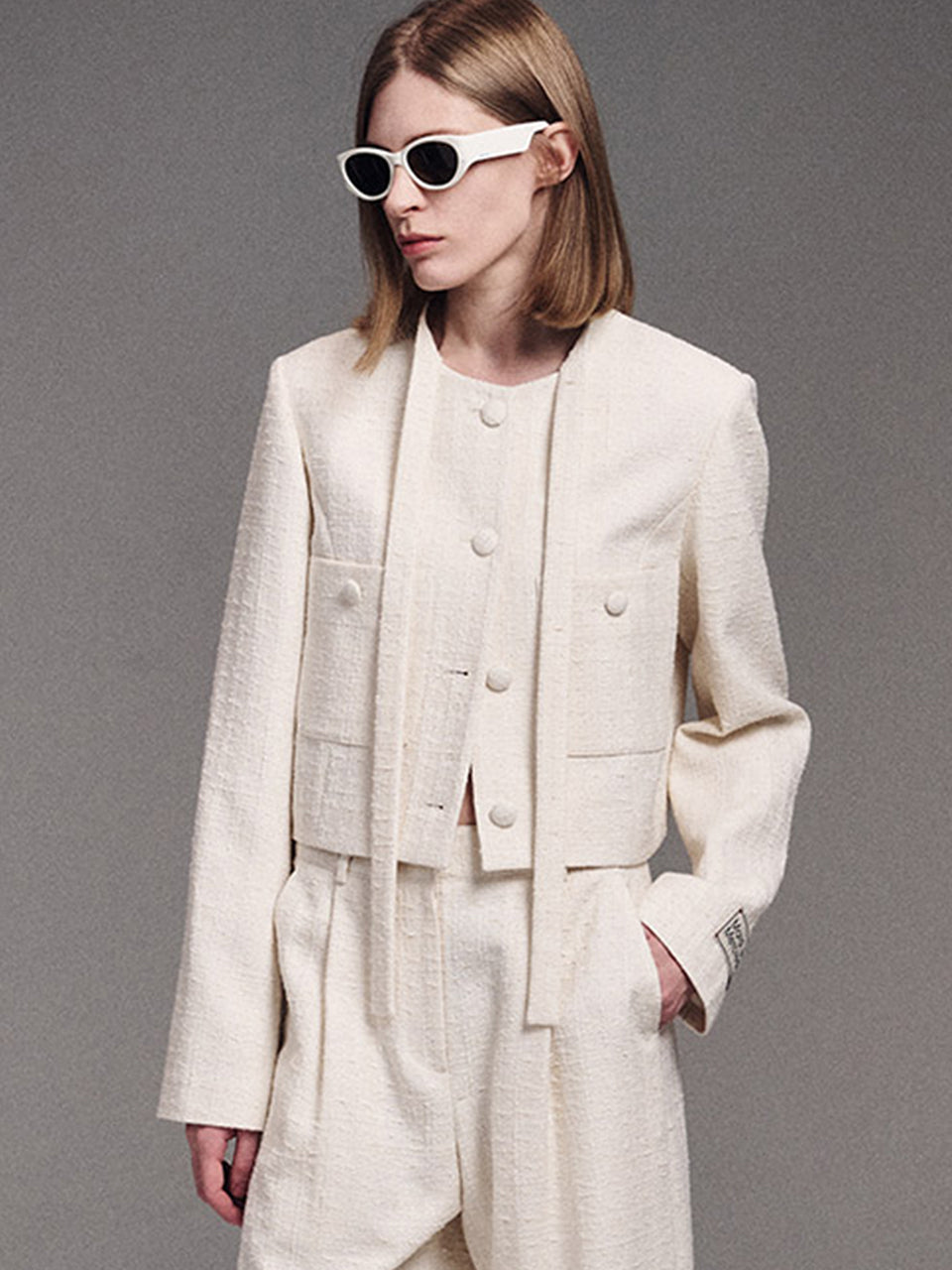 SPRING TWEED CROPPED JACKET TIE NECK_IVORY