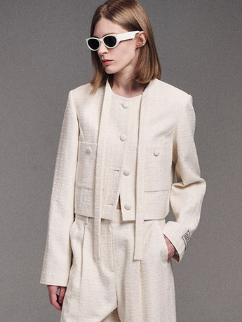 SPRING TWEED CROPPED JACKET TIE NECK_IVORY