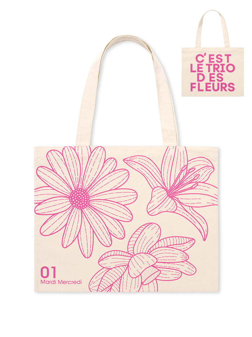 CANVAS BAG TRIPLE FLOWER_CREAM PINK