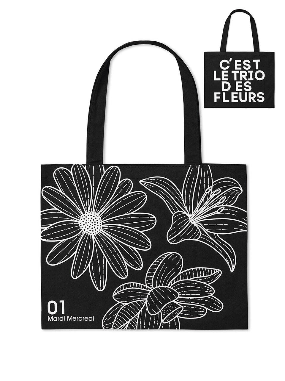 CANVAS BAG TRIPLE FLOWER_BLACK WHITE