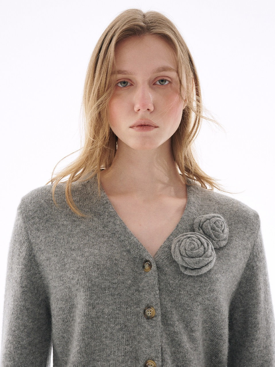 CASHMERE BLENDED CARDIGAN V NECK ROSE_GREY