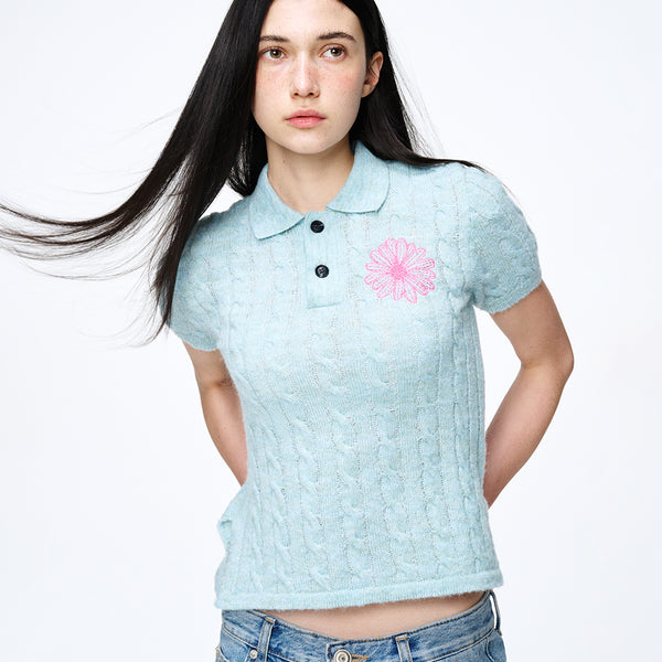 MOHAIR CABLE TOP COLLAR SHORT SLEEVE (MINT PINK)