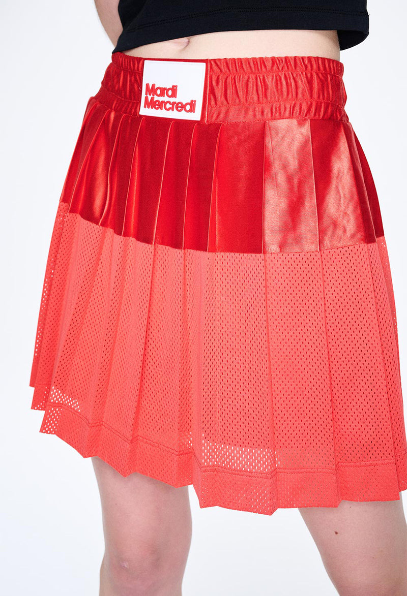 SATIN MESH PLEATS MINI SKIRT (RED)