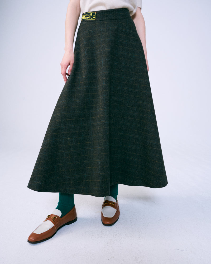 WOOL MAXI FLARE SKIRT CHECK (KHAKI BROWN)